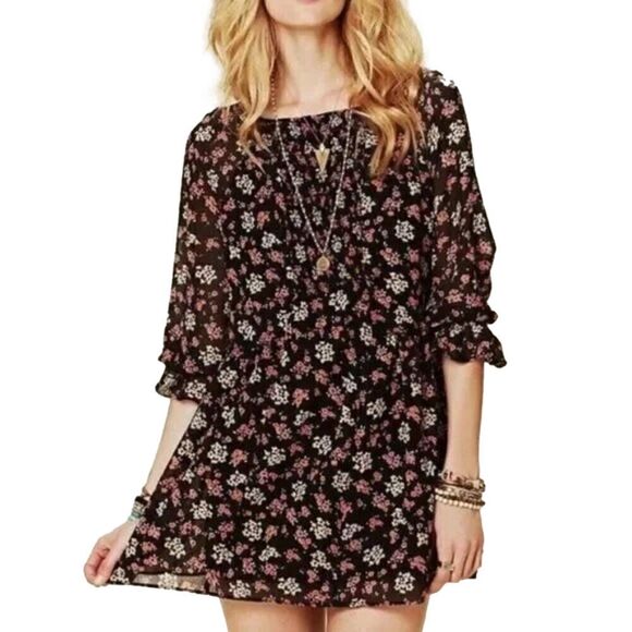 Free People Black Floral Court me with Flowers Dress - 4 (small) ($128) - Picture 1 of 5
